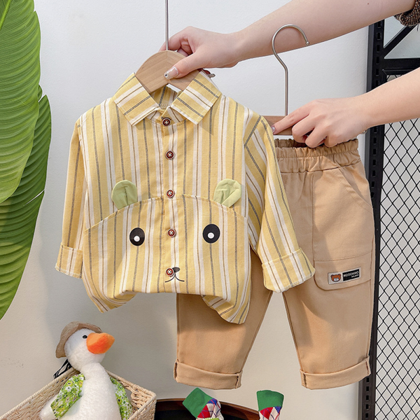 Boys Lapel Cartoon Stripwe T-shirt And Pants Set Girl Boutique Clothing Wholesale