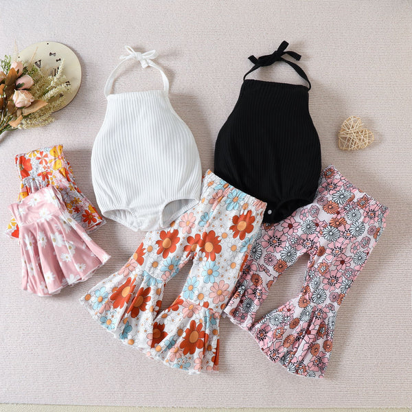 Girls Summer Neck Halter Flared Pants Suit Wholesale Girls Clothes