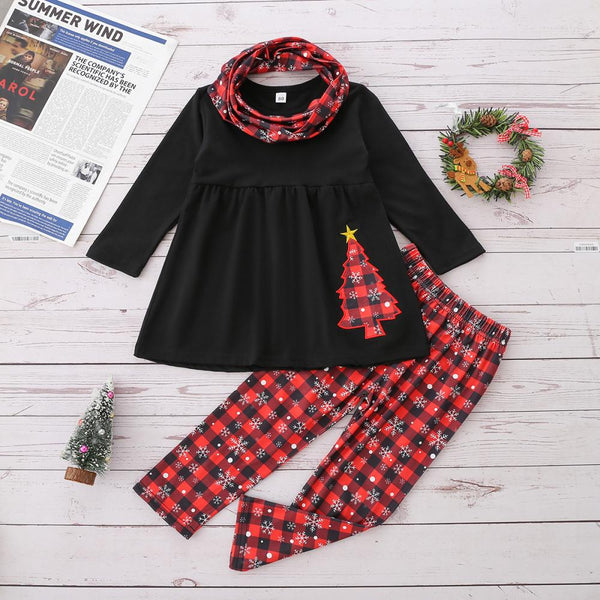 Autumn Girls Christmas Top + Plaid Pants Set Wholesale Girls Clothes