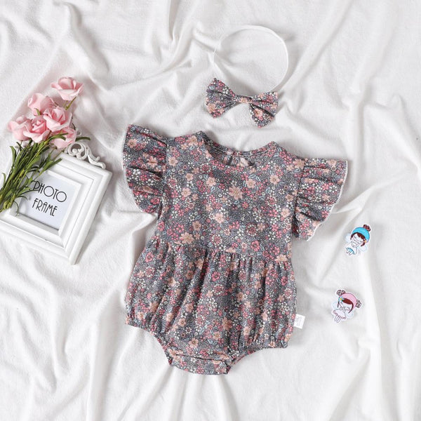 Baby Onesie Floral Romper Newborn Baby Romper Short-Sleeved Bag Hairband Summer Wholesale Baby Clothes