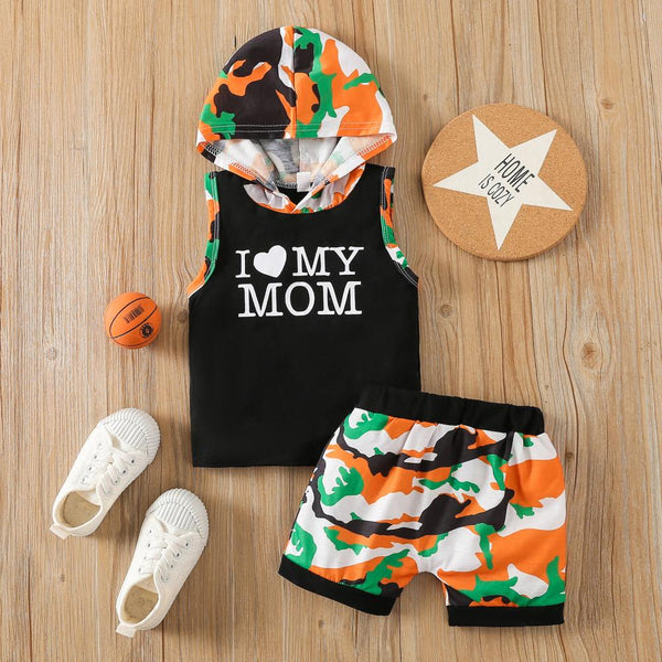 Summer Kids Set Letter Camo Print Hoodie Shorts Set Wholesale Baby Boy Clothes