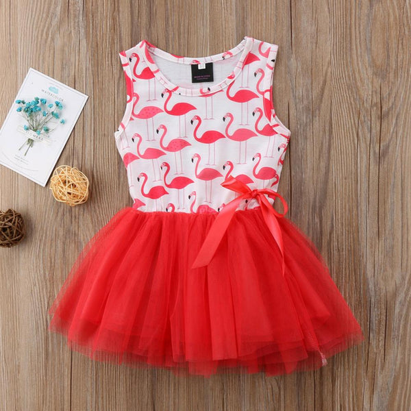 Summer Flamingo Girls Dress Ribbon Mesh Puff Princess Dress Wholesale Girls Clothing