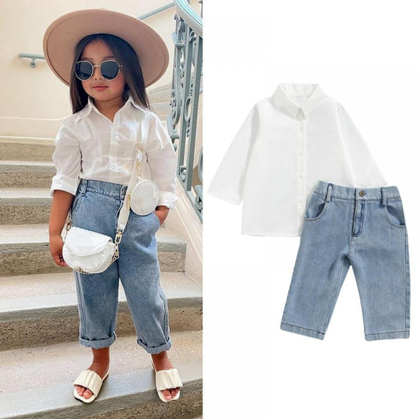 Autumn Girls White Long-sleeved Shirt High-waisted Denim Pantsuit Wholesale Girl Clothing