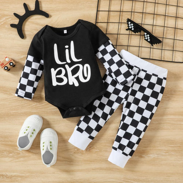 Infant Boys LIL BRO Letter Print Plaid Romper Two-piece Set Wholesale Baby Clothes