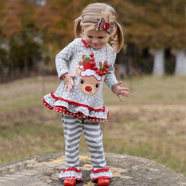 Todller Girl Christmas Deer Head Long Sleeve Top Ruffle Trousers Two Piece Set Wholesale Girl Clothing