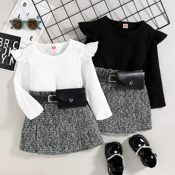 Autumn and Winter Girls' Fragrant Style Short Skirt Waist Bag Three-piece Set Wholesale Girls Clothes