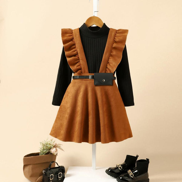Autumn and Winter Knitted Bottoming Shirt Suede Strap Skirt Waist Bag Three-piece Girl Suit Wholesale