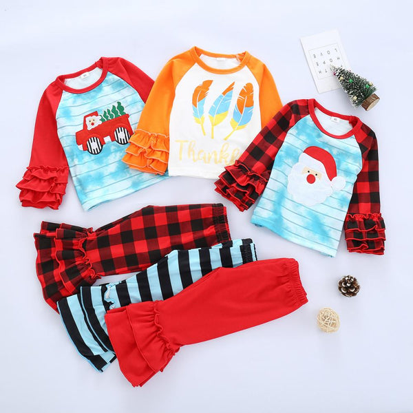 Christmas Kids Cartoon Santa Claus Car Embroidered Plaid Pants Set Wholesale Kids Clothes