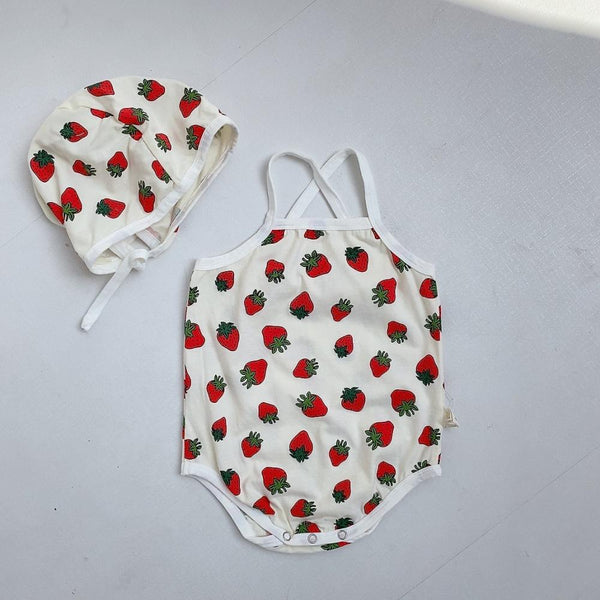 Baby Summer Strawberry Sling Romper With Hat Two-piece Set Wholesale Baby Clothes