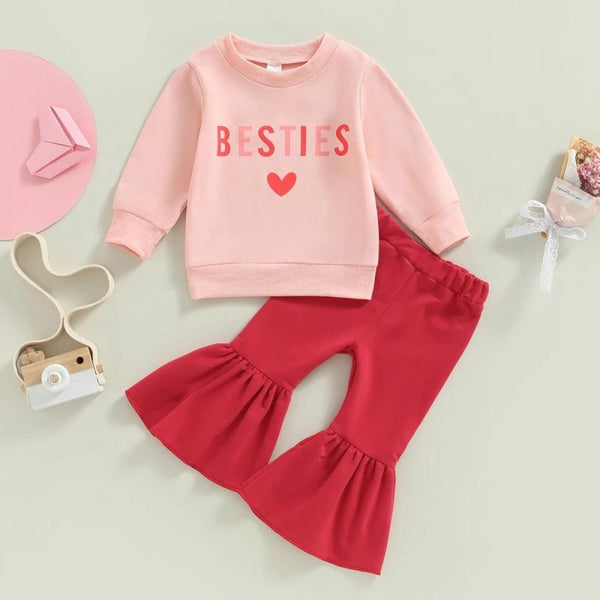 Girls' Valentine's Day Suit Love Letter Sweatshirt + Flared Pants Suit Wholesale Girls Clothes