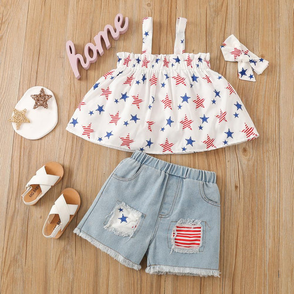 Children's Independence Day Girls' Star Print Sling Hairband Denim Shorts Three Piece Set Wholesale