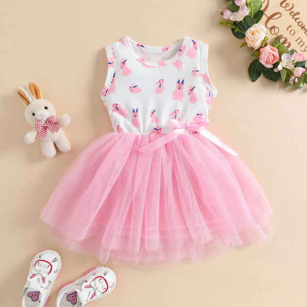 Toddler Girls Dress Rabbit Printed Mesh Dress Easter Day Girls Wholesale Dresses