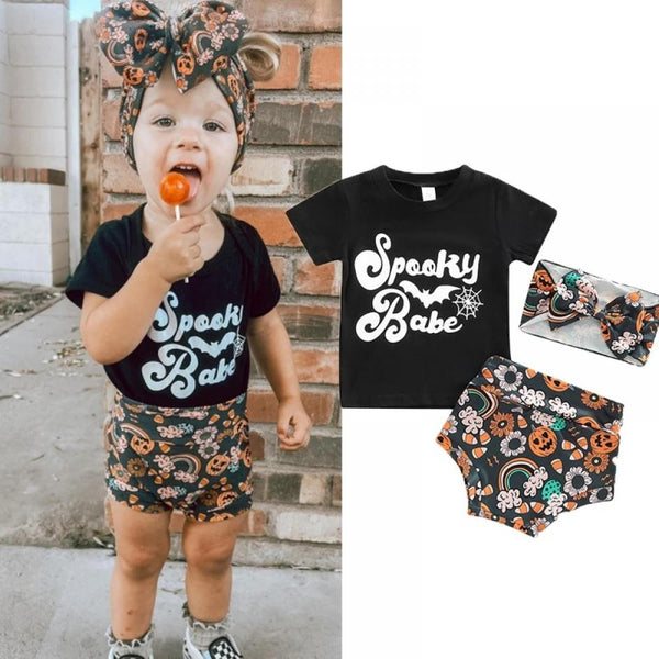 Halloween Letter Print Top Cartoon Pattern Shorts Girls Suit Wholesale