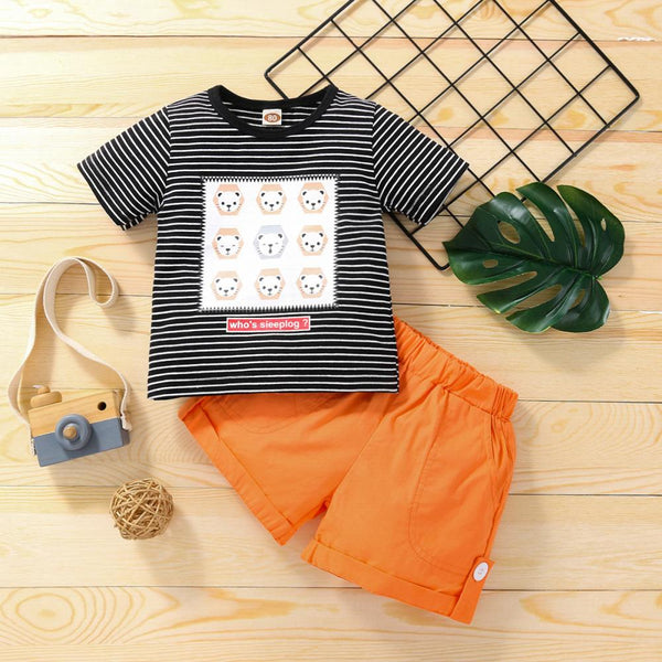 Boys Baby Striped Short Sleeve Solid Color Shorts Two Piece Set Wholesale