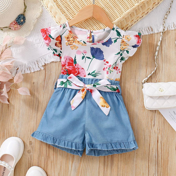 Girls Summer Floral Printed Jacket Shorts Suit Wholesale