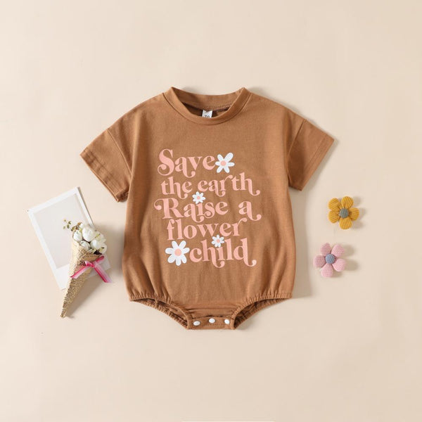 Summer Children's Letter Flower Printing Shoulder Sleeve Triangle Romper Baby Clothing Wholesale