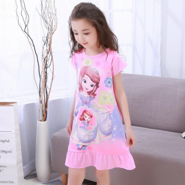 New Toddler Girls Summer Thin Nightdress Round Neck Short Sleeve Ruffle Princess Print Sweet Girl's Loungewear Wholesale Kids Clothing