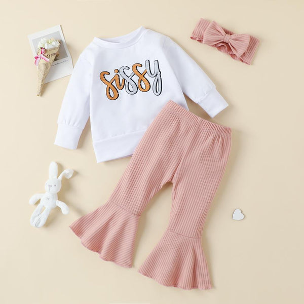 Autumn Winter Girls Print Round Neck Top + Pit Strip Flared Pants Set Wholesale Girls Clothes