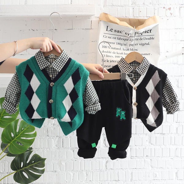 Boys Spring Autumn Plaid T-shirt And Vest Pants 3 PCS Boy Wholesale Clothing