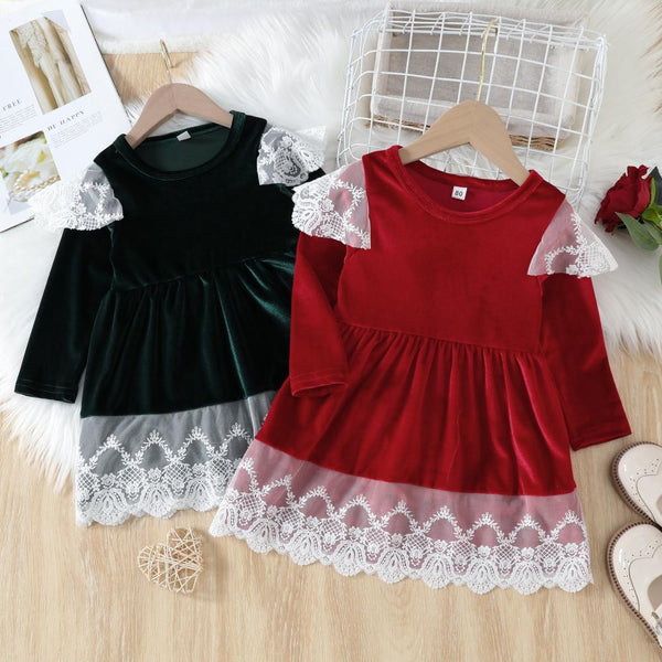 Girls Autumn Christmas Lace Fly Sleeve Lace Dress Wholesale Girls Dress