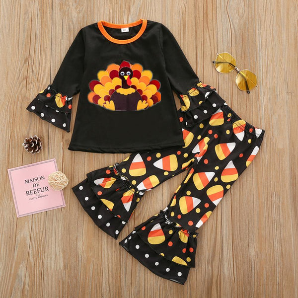 Thanksgiving Girls Long Sleeve Embroidered Cartoon Turkey T-Shirt Printed Flared Pants Set Wholesale