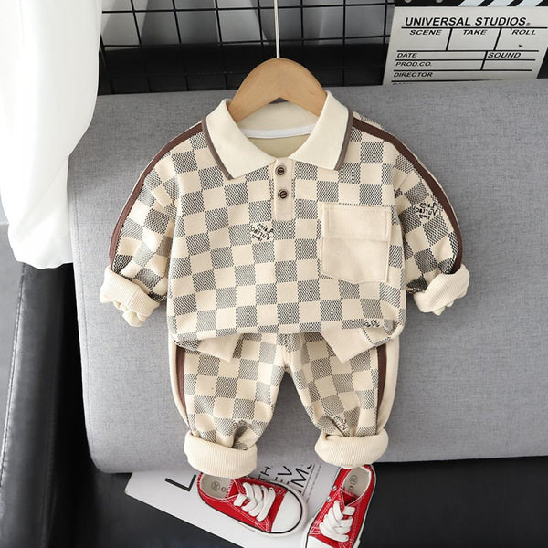 Unisex Boys Girls Plaid Lapel Top and Pants Set Boy Clothing Wholesale