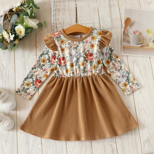 Children's Long Sleeve Floral Waffle Dress Wholesale Girls Dress