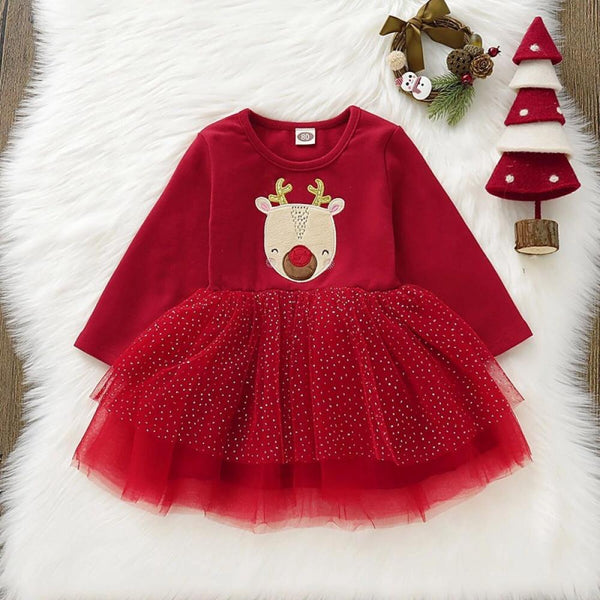 Christmas Girls Long-sleeve Elk Print Mesh Dress Wholesale Girls Dress