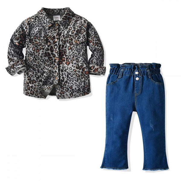 Girls Leopard T-shirt Denim Pants Set Wholesale Girl Clothing