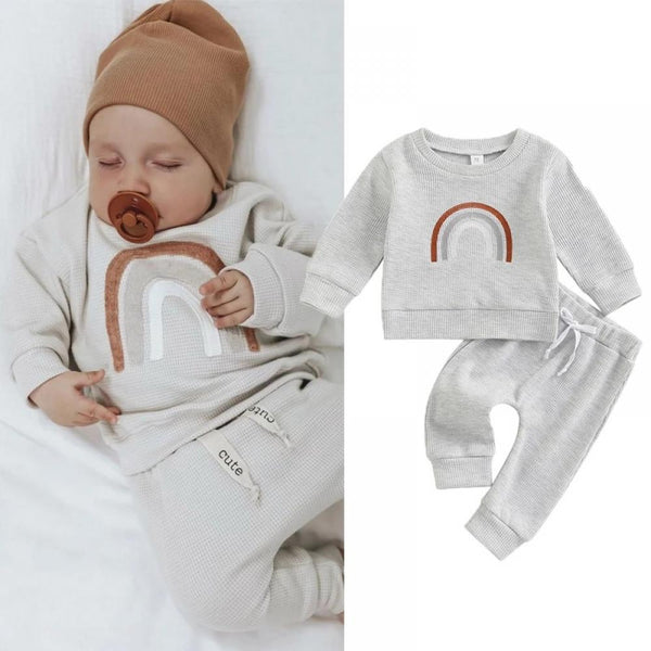 Autumn Baby Boy Waffle Rainbow Top + Pants Set Wholesale Boys Clothes