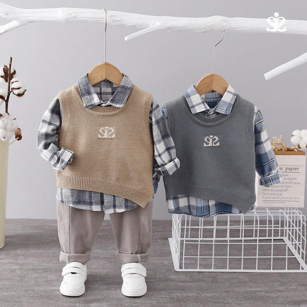 Boys Autumn Vest Plaid T-shirt Sports Pants Set Baby Boy Wholesale Boutique