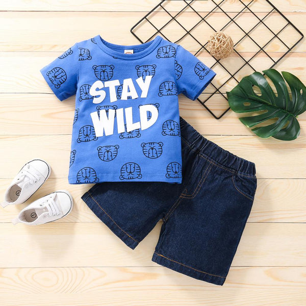 Boys Alphabet Print Top Faux Denim Shorts Two-Piece Set Wholesale Baby Clothes