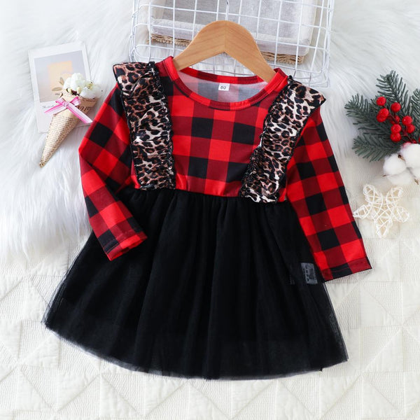 Autumn Christmas Plaid Panel Mesh Dress Wholesale Girls Dress