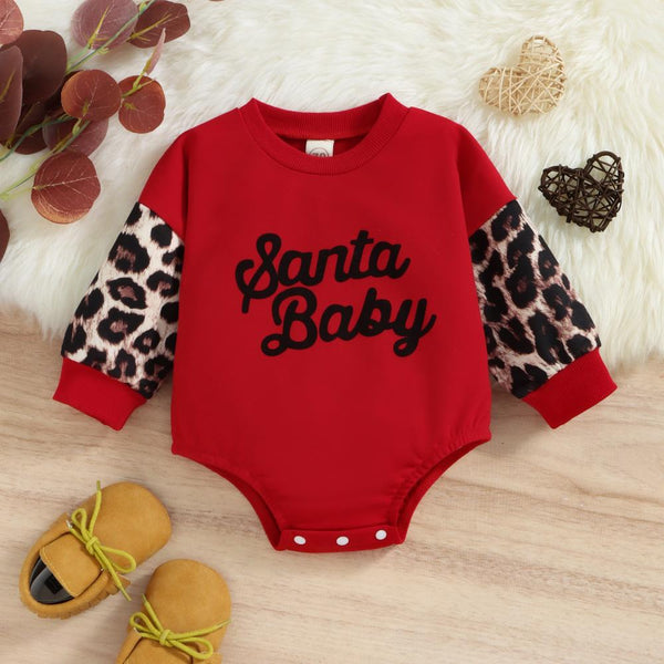 Autumn Christmas Girls Letter Print Leopard Romper Wholesale Baby Clothes