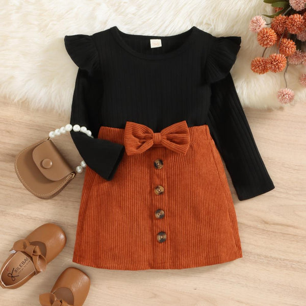 Little Girl Pit Strip Top + Corduroy Skirt Set Wholesale Girls Clothe