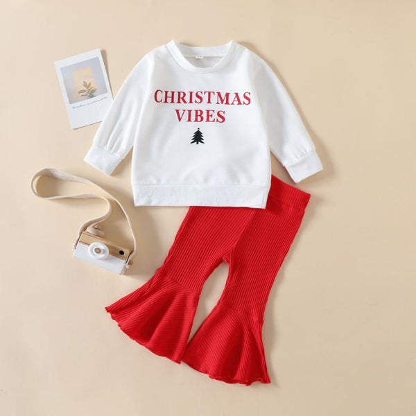 Autumn Christmas Girls Alphabet Print Sweater Flared Pants Set Wholesale Girls Clothes