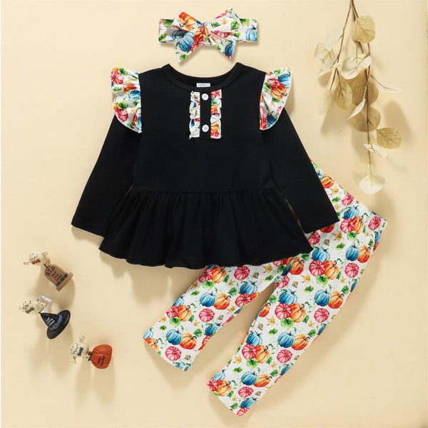 Spring and Autumn Pumpkin Full Print Three-piece Halloween Girls Set Wholesale Baby Girls Clothes