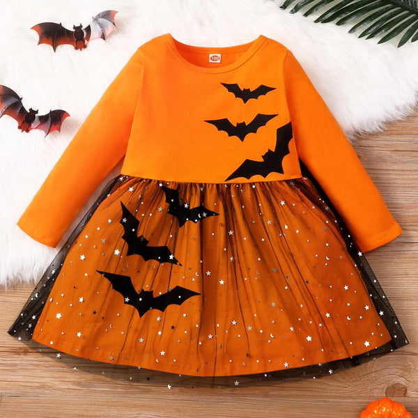 Toddler Girls Long Sleeve Bat Mesh Dress Wholesale Girls Dress