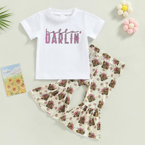 Summer Cartoon Cow Head Printed Flared Pants Girls T-shirt Short Sleeve Set Wholesale