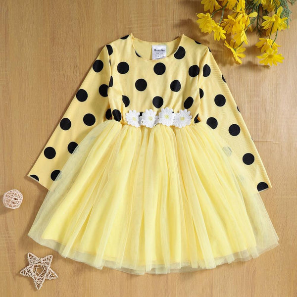 Girls' Crew Neck Pullover Polka Dot Print Panel Mesh Dress Wholesale Girls Dress