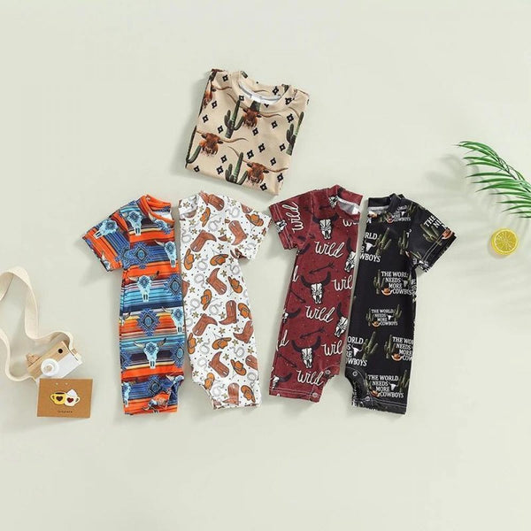 Summer Newborn Baby Boy Cow Head Printed Short Sleeve Jumpsuit Wholesale Baby Children Clothes