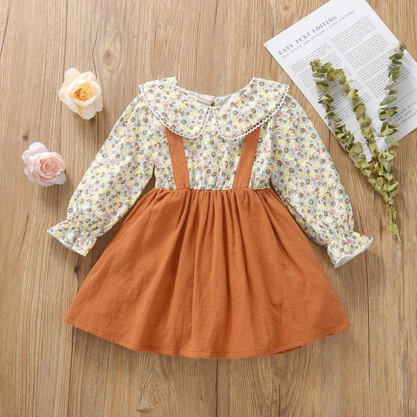 Girls Long Sleeve Dress Small Floral Fake Strap Princess Dress Wholesale Girls Clothes