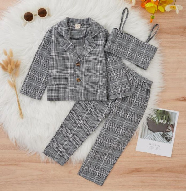 Autumn Western-style Little Girls Plaid Three-piece Set Wholesale Girls Clothes