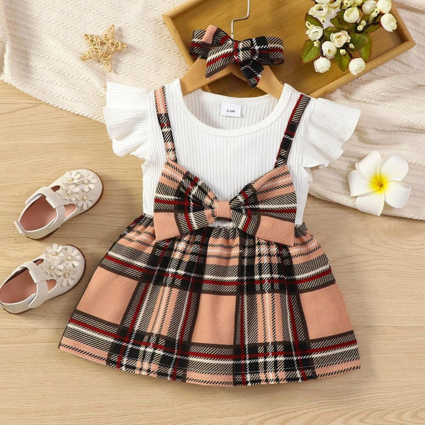 Girls Summer Plaid Fake Two-piece Dress Wholesale Girls Dress