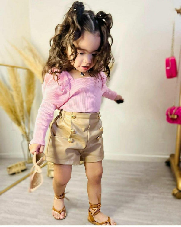 Autumn Girls Pit Top Light Coffee Color Leather Pants Set Wholesale Girls Clothes