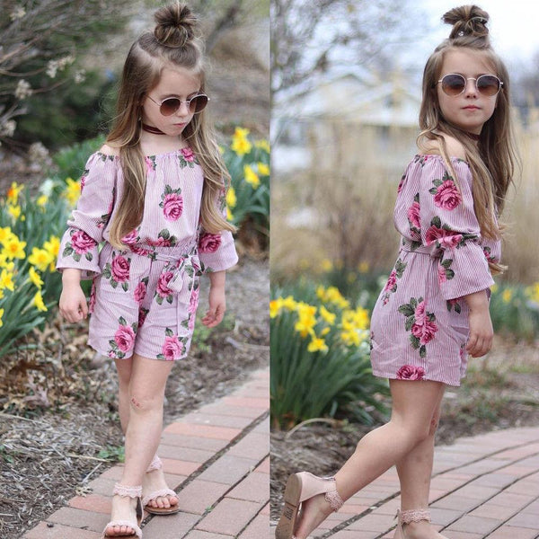 Ins Rose Flower Print Girls Jumpsuit Wholesale Girls Clothes