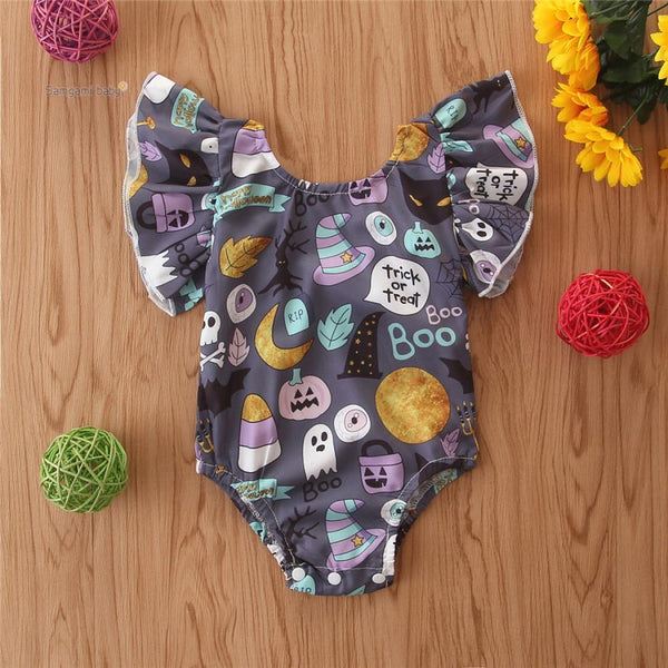 Halloween Girls Flying Sleeve Pumpkin Cute Romper Wholesale Baby Clothes