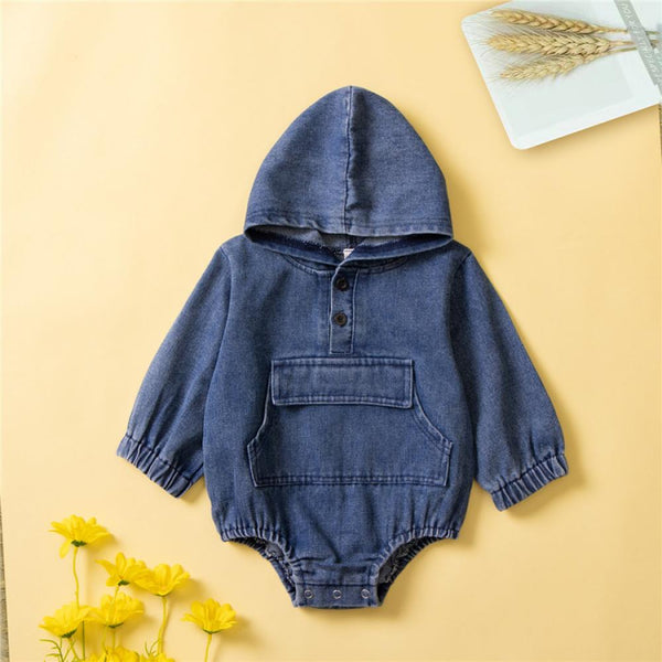 Unisex Autumn Denim Jumpsuit Baby Hooded Romper Wholesale Baby Clothes