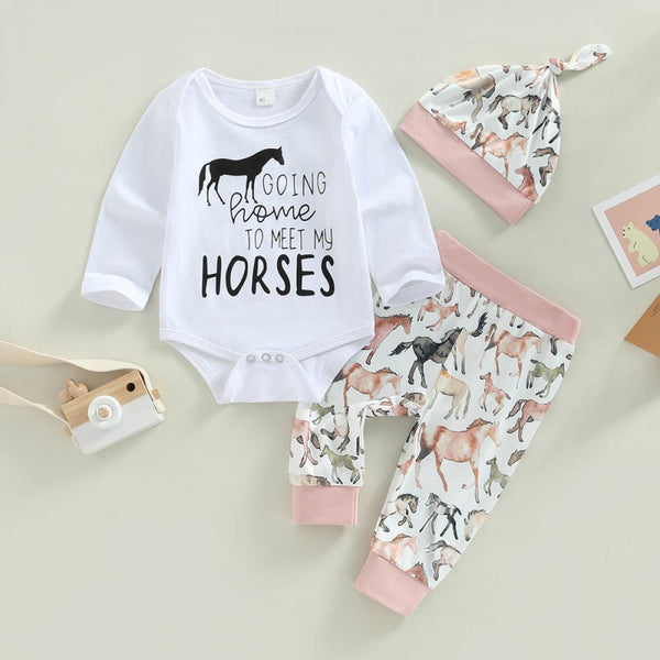 Autumn Baby Suit 0-18M Long Sleeve Letter Romper Cartoon Animal Pants Hat Set Wholesale Baby Clothes