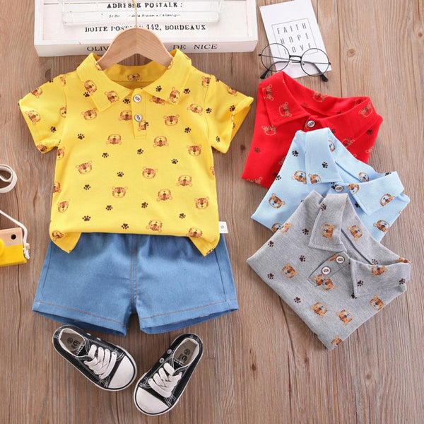 Toddler Boys Summer Set Lapel Lion Printed Top + Denim Short  Baby Boy Overalls